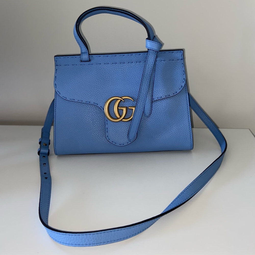 GUCCI GG Marmont Leather Top Handle Shoulder Bag Sky Blue